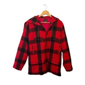 VTG Johnson Woolen Mills Buffalo Plaid Hunting Jacket Red Black Hooded Mens 42